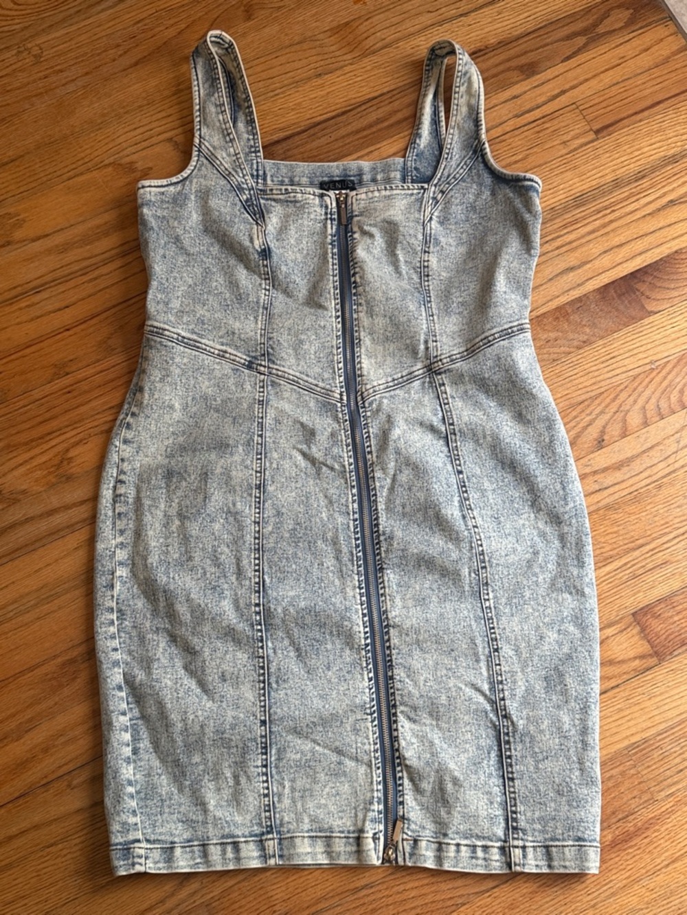 VENUS Acid Wash Denim Zip-Front Bodycon Dress